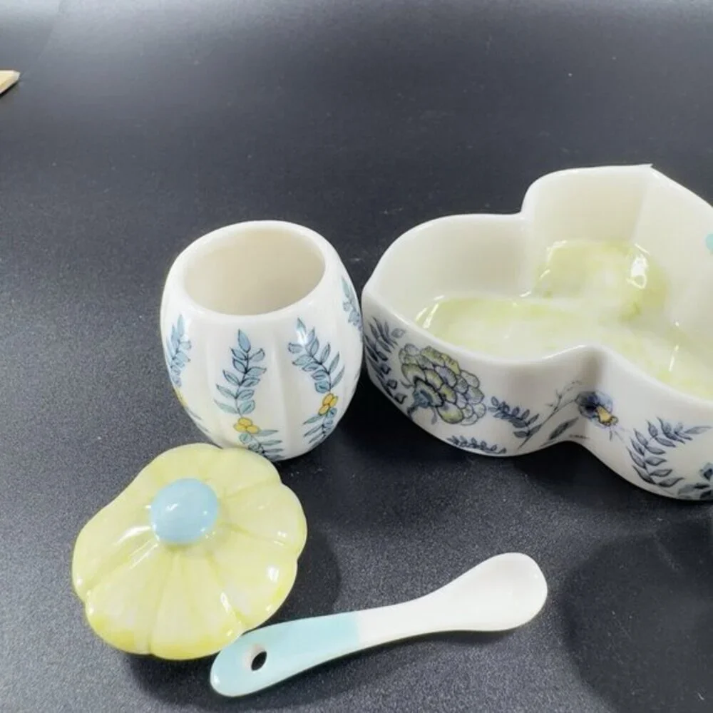 Anthropologie Ceramic Salt And‎ Pepper Covered Mustard Pot and Spoon on Tray VTG